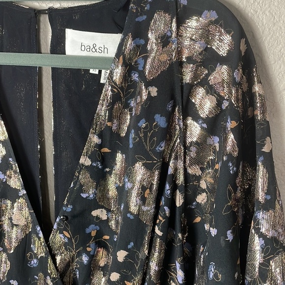 SOLD New BA&SH Lady Dress Floral Metallic Tee Silk Midi V Neck Short Sleeve XS - Picture 6 of 16